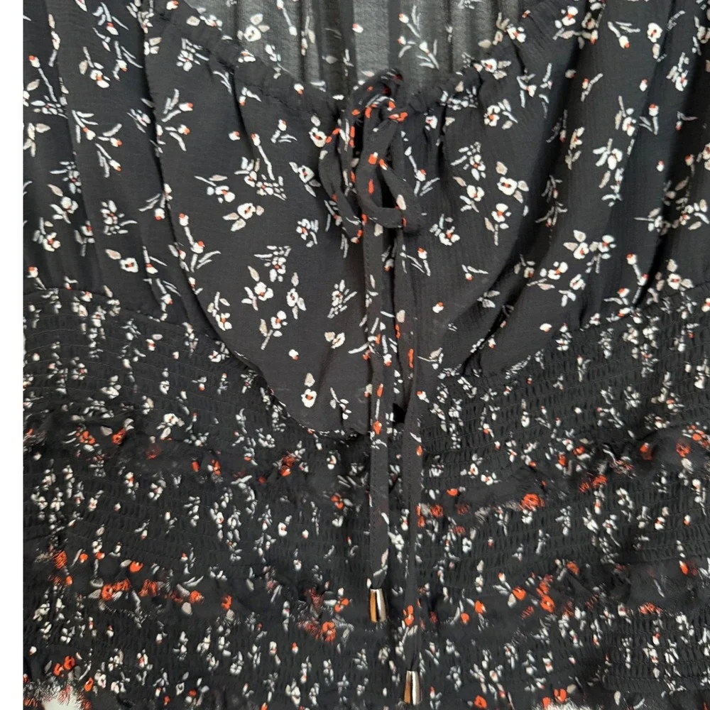 Free People Lolita Floral Blouse Top Womens Size L Black Coquette Milkmaid Boho